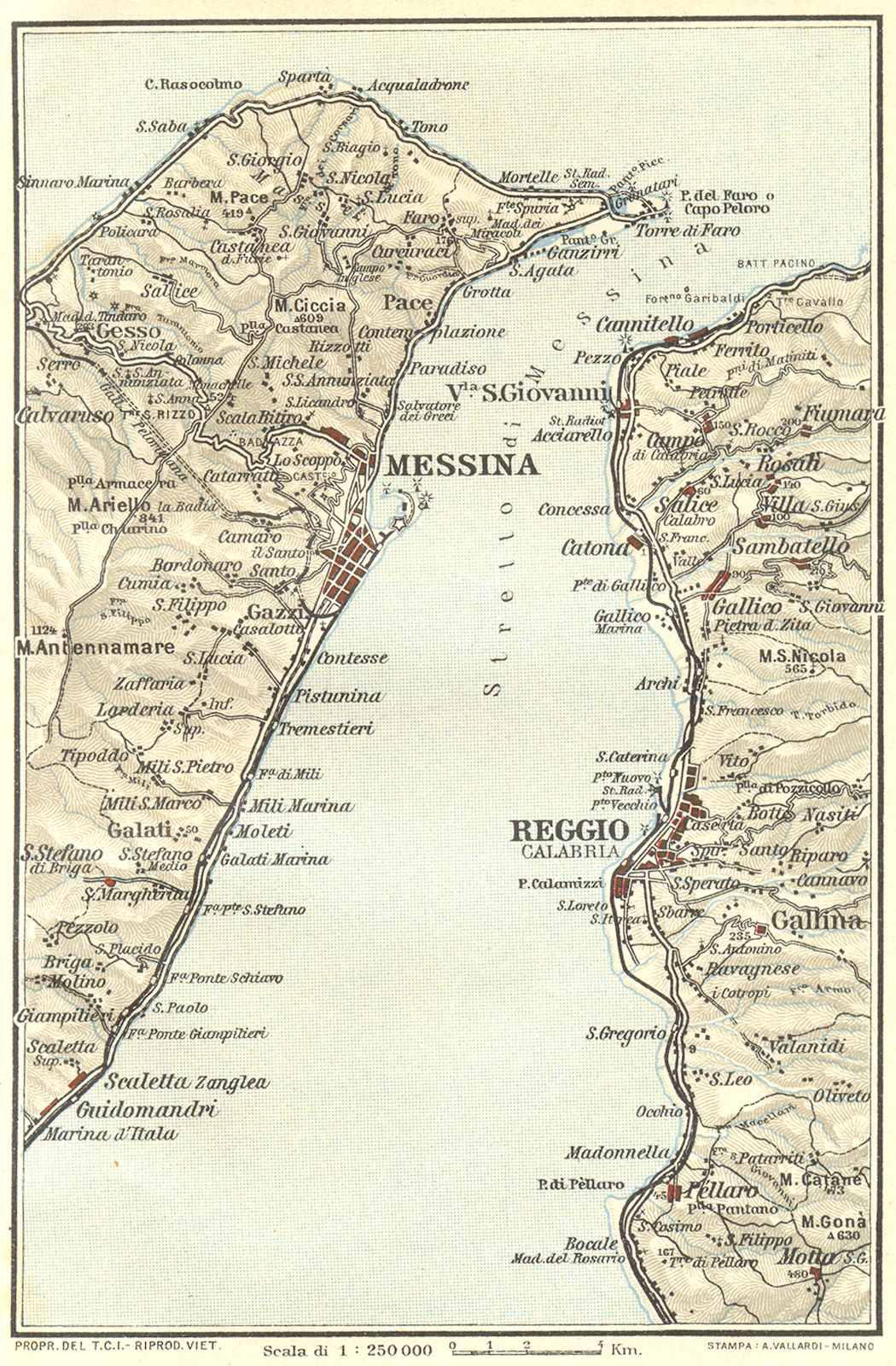 ITALY. Straits of Messina Reggio Calabria 1925 old vintage map plan chart